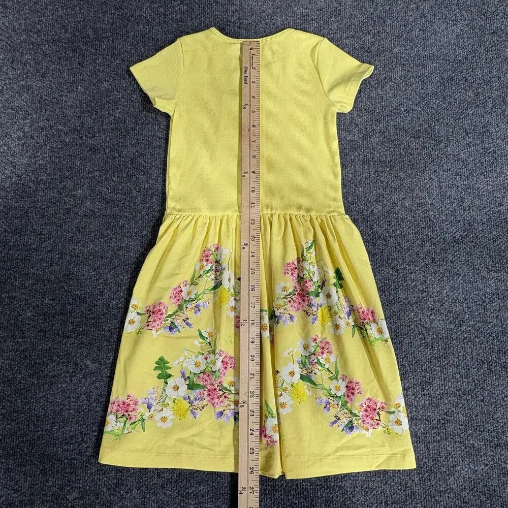 Molo Dress Girls 7-8 Yellow Floral Print Short Sleeve Organic Cotton Fit Flare